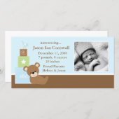 Geboorteaankondiging met foto van blauwe teddybeer aankondiging (Voorkant / Achterkant)