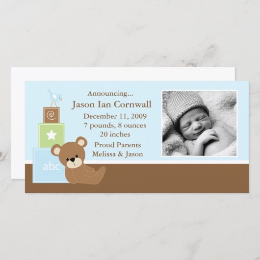 Geboorteaankondiging met foto van blauwe teddybeer aankondiging (Voorkant / Achterkant)