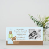 Geboorteaankondiging met foto van blauwe teddybeer aankondiging (Staand voorkant)