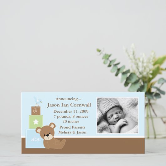 Geboorteaankondiging met foto van blauwe teddybeer aankondiging (Staand voorkant)