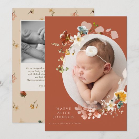 Geboorteaankondiging met ovale foto van wilde bloe kaart (Voorkant / Achterkant)