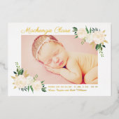 Geboorteaankondiging met roze en gouden bloemenfot folie uitnodiging (Voorkant)