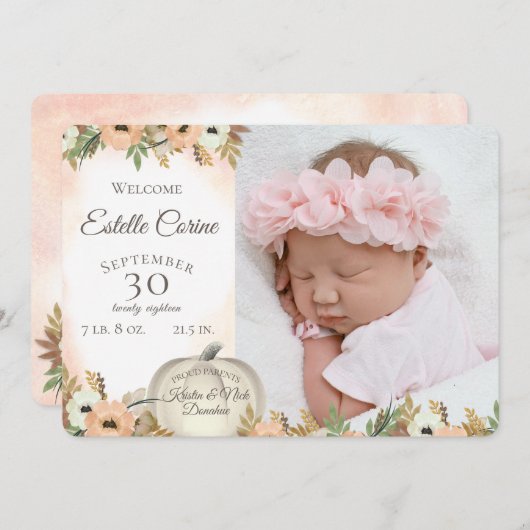 Geboorteaankondiging met witte pompoen bloem en fo kaart (Voorkant / Achterkant)