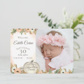 Geboorteaankondiging met witte pompoen bloem en fo kaart (Staand voorkant)