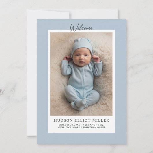 Geboorteaankondiging minimalistische moderne blauw aankondiging (Voorkant)