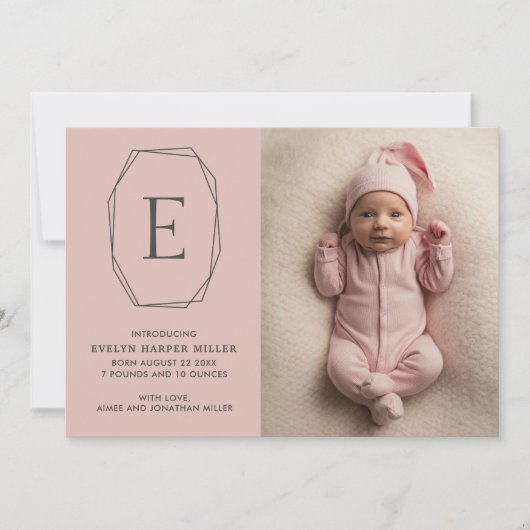 Geboorteaankondiging Monogram Modern Roze Kaart (Voorkant)