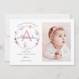 Geboorteaankondiging monogram prinses zwaan bedankkaart