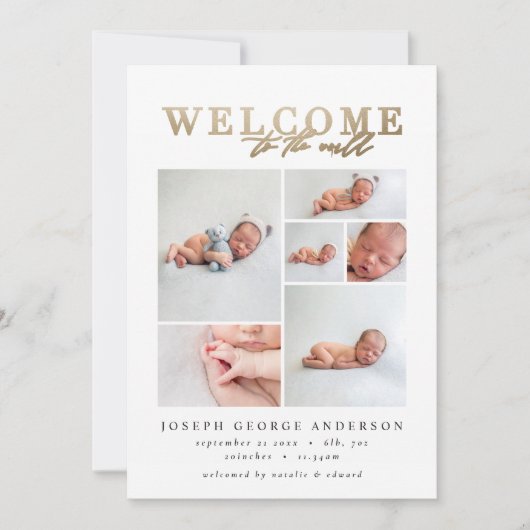 Geboorteaankondiging multi foto goud geometrisch bedankkaart (Voorkant)