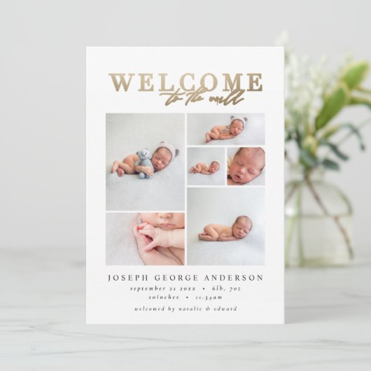 Geboorteaankondiging multi foto goud geometrisch bedankkaart (Staand voorkant)