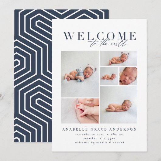 Geboorteaankondiging multi foto marine geometrisch bedankkaart (Voorkant / Achterkant)