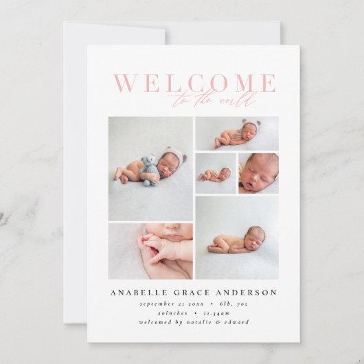 Geboorteaankondiging multi foto roze meisjesscript bedankkaart (Voorkant)