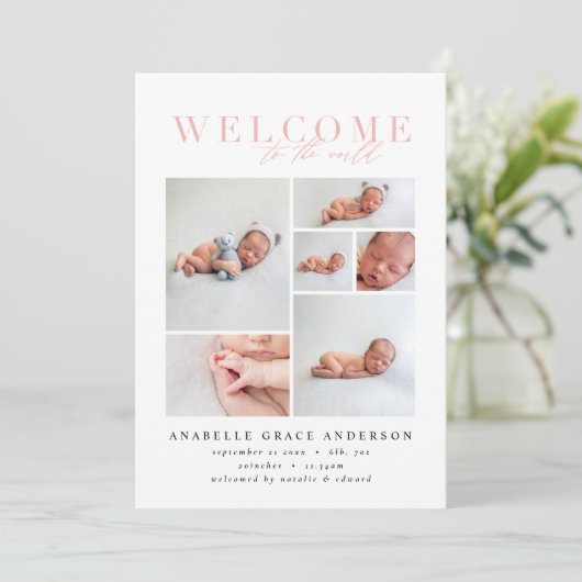 Geboorteaankondiging multi foto roze meisjesscript bedankkaart (Staand voorkant)