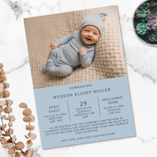 Geboorteaankondiging Premie NICU Modern Blue Kaart