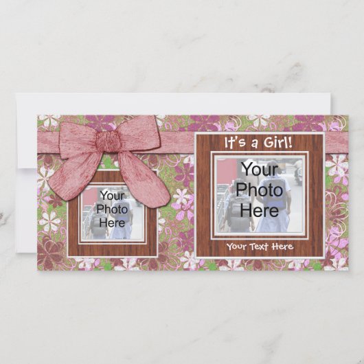 Geboorteaankondiging, roze Lijsten en boog fotokaa Aankondiging (Voorkant)