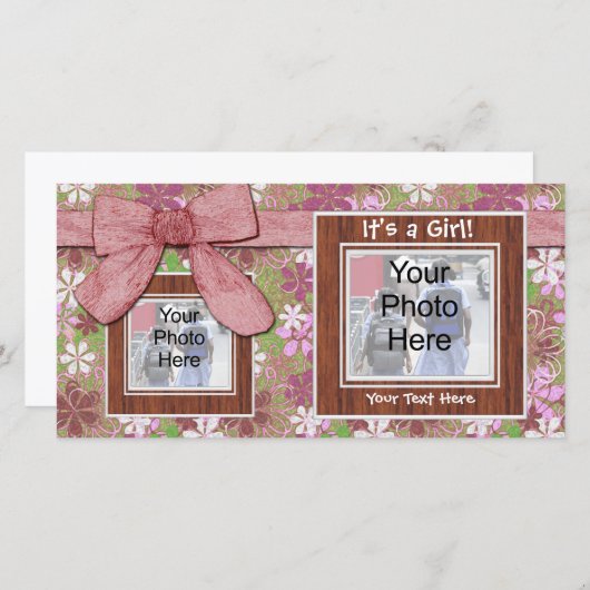 Geboorteaankondiging, roze Lijsten en boog fotokaa Aankondiging (Voorkant / Achterkant)