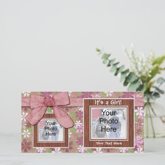 Geboorteaankondiging, roze Lijsten en boog fotokaa Aankondiging (Staand voorkant)