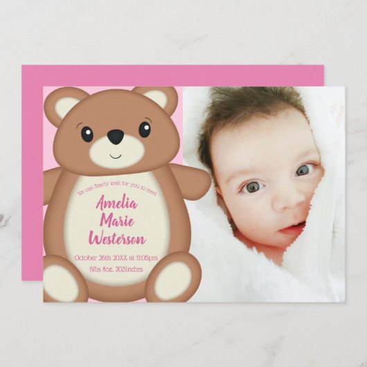 Geboorteaankondiging Teddy Bear Baby Kaart (Voorkant / Achterkant)