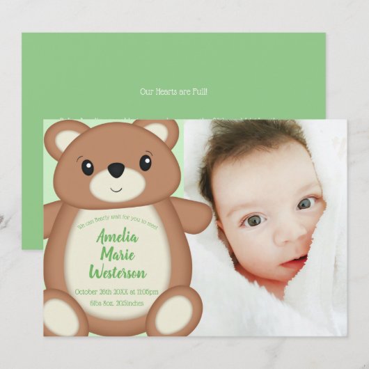 Geboorteaankondiging Teddy Bear Kaart (Voorkant / Achterkant)