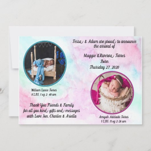 Geboorteaankondiging tweeling Waterverf Kaart (Voorkant)