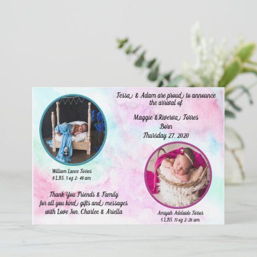 Geboorteaankondiging tweeling Waterverf Kaart (Staand voorkant)