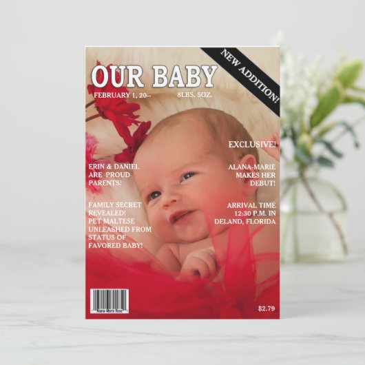 Geboorteaankondiging! Uw baby op het Hoesje "Magaz Aankondiging (Staand voorkant)