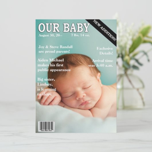 Geboorteaankondiging! Uw baby op het Hoesje "Magaz Aankondiging (Staand voorkant)