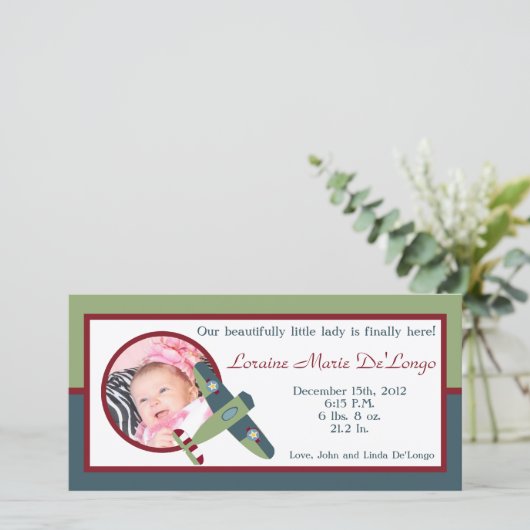  geboorteaankondiging vliegtuigfoto aankondiging (Staand voorkant)