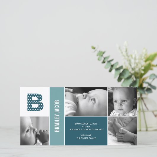 Geboorteaankondiging voor baby met polka dots en i aankondiging (Staand voorkant)