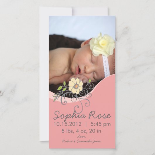 Geboorteaankondiging voor meisje in roze en geel aankondiging (Voorkant)