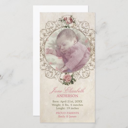 Geboorteaankondiging voor meisje met oude rozen aankondiging (Voorkant / Achterkant)