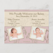 Geboorteaankondiging voor tweelingen - Venkel Pink Aankondigingskaart (Achterkant)