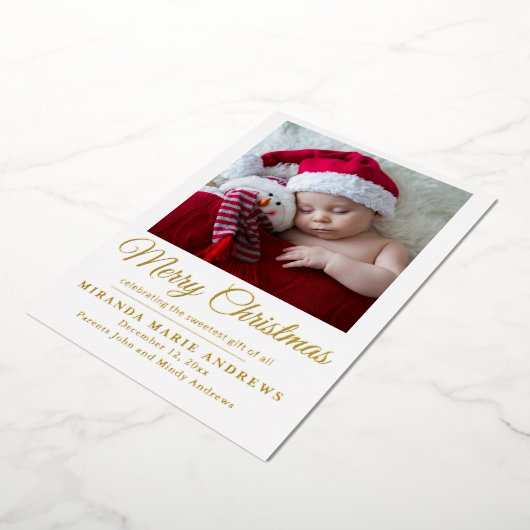 Geboorteaankondiging Vrolijke kerstfoto Folie Feestdagenkaart (Gedraaid)