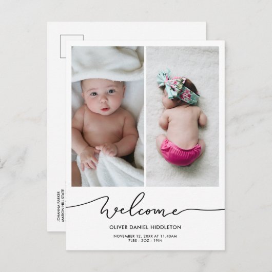 Geboorteaankondiging Welkom Modern Script Foto Aankondigingskaart (Voorkant / Achterkant)