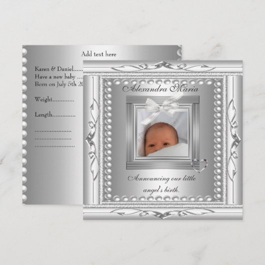 Geboorteaankondiging Zilveren Foto Lijst Bow Aankondiging (Voorkant / Achterkant)