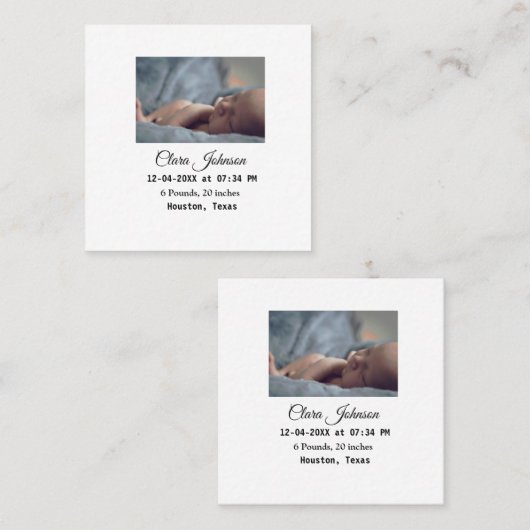 Geboorteaankondigingen foto datum tijd plaats toev vierkante visitekaartje (Voorkant / Achterkant)