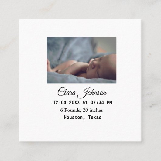 Geboorteaankondigingen foto datum tijd plaats toev vierkante visitekaartje (Voorkant)
