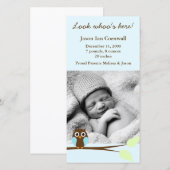 Geboorteaankondigingen met foto van Blauwe Uil Aankondiging (Voorkant / Achterkant)