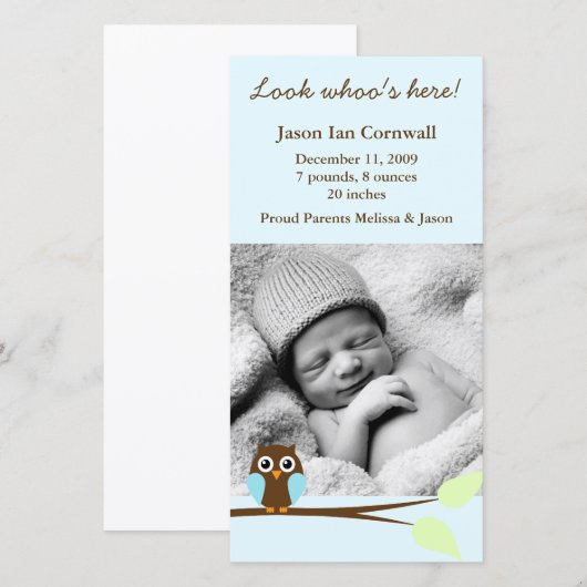 Geboorteaankondigingen met foto van Blauwe Uil Aankondiging (Voorkant / Achterkant)