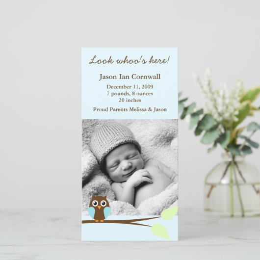 Geboorteaankondigingen met foto van Blauwe Uil Aankondiging (Staand voorkant)