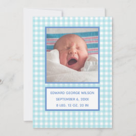 Geboorteaankondigingskaart met blauwe gingham aankondiging