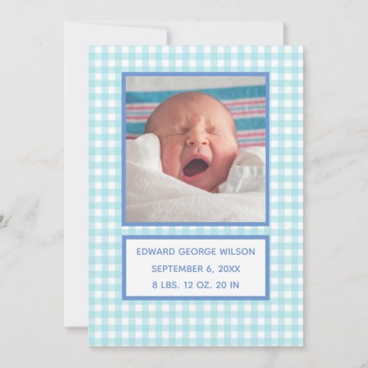 Geboorteaankondigingskaart met blauwe gingham aankondiging (Voorkant)
