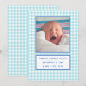 Geboorteaankondigingskaart met blauwe gingham aankondiging (Voorkant / Achterkant)