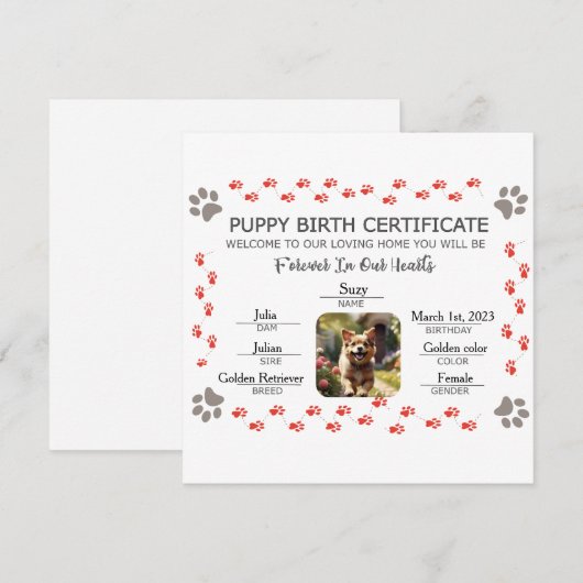 Geboorteakte voor een Puppy op Maat Feestdagenkaart (Voorkant / Achterkant)