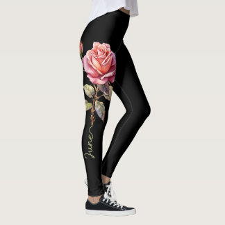 Geboortebloem juni, roze en roodroze roos op zwart leggings