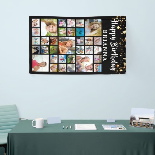 Geboortedag 33: Foto Collage Black Gold Stars Spandoek (Beurs)