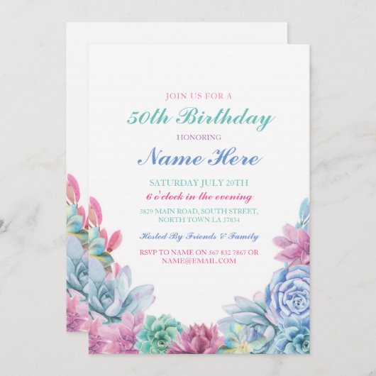 Geboortedag 40e Pastels Succulents Invite Kaart (Voorkant / Achterkant)