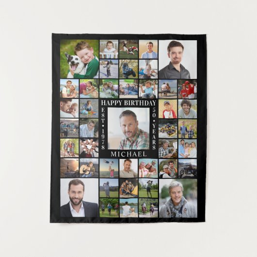 Geboortedag 43: Fotocollage, naam: leeftijd zwart  Wandkleed (Voorkant)