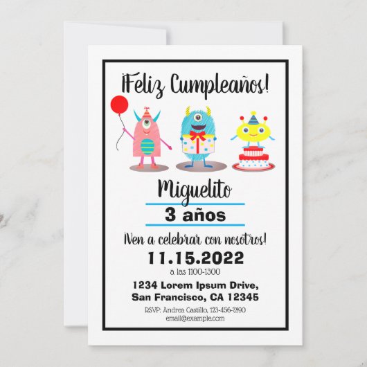 Geboortedag/Cumpleaños Spaanse kleurrijke monsters Kaart (Voorkant)
