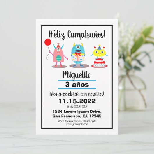 Geboortedag/Cumpleaños Spaanse kleurrijke monsters Kaart (Staand voorkant)