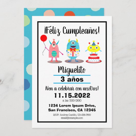 Geboortedag/Cumpleaños Spaanse kleurrijke monsters Kaart (Voorkant / Achterkant)